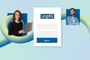 An abstract representation of user accounts with access to many USPTO systems. A login portal is in the middle of the graphic above a thick loopy line. Along the line are pictures of people. 