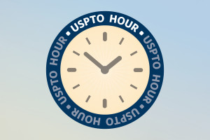 USPTO Hour is an event series that shares agency priorities, information, and new developments. A visual wordmark for the program is presented here. It shows a clock encircled by the words "USPTO Hour." 
